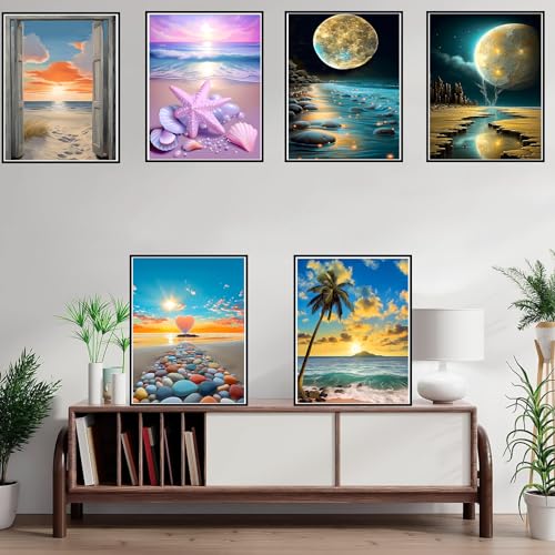 DOTZSO 6PCS Landscape Diamond Painting Art Kit for Adults Beginner 12x16 in | 5D Full Drill Resin, Landscape Pattern, Fits All Ages, Leisure Craft, Stress Relief, Wall/Shelf Display, All-Occasion Gift - color: AD Landscape Beach Moon Lake Dream