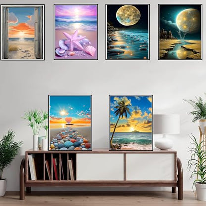 DOTZSO 6PCS Landscape Diamond Painting Art Kit for Adults Beginner 12x16 in | 5D Full Drill Resin, Landscape Pattern, Fits All Ages, Leisure Craft, Stress Relief, Wall/Shelf Display, All-Occasion Gift - color: AD Landscape Beach Moon Lake Dream