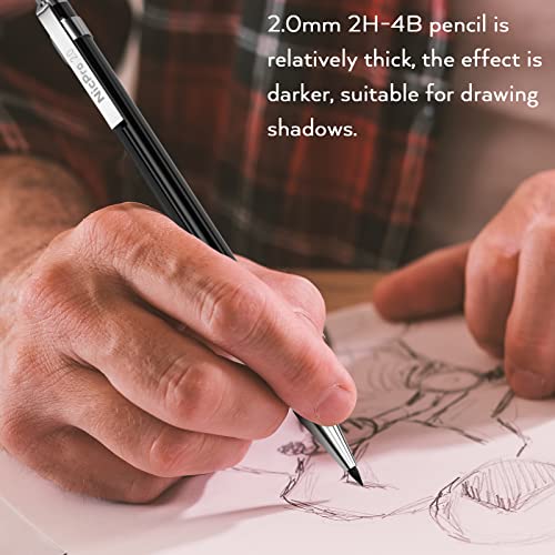 Nicpro 6 PCS Art Mechanical Pencil Set, Black Metal Drafting Pencil 0.3, 0.5, 0.7, 0.9 mm & 2PCS 2mm Graphite Lead Holder(4B 2B HB 2H) For Writing Sketching Drawing With 8 Lead Refills Eraser Case - color: Black