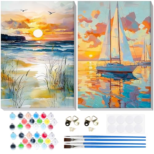 Bowetile 2 Pack Landscape Paint by Numbers for Adults Beginners Framed, Beach Adults' Paint-by-Number Kits, Easy Adult Paint by Number Kits on Canvas, Acrylic Number Painting for Home Decor, 8x12in - color: Landscape