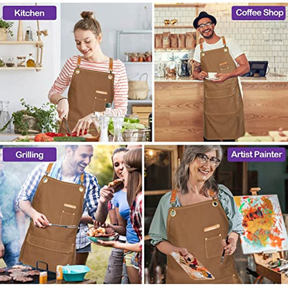 Genixart Chef Apron Men Women, Kitchen Aprons Cooking, BBQ - Brown, 6 Pack | Box Packed, Cotton Canvas, Cafe, Bar, Workshop, Restaurant, Water & Oil Stain Resistant, Cross Back Adjustable, Large Pockets - color: Brown, 6 Pack