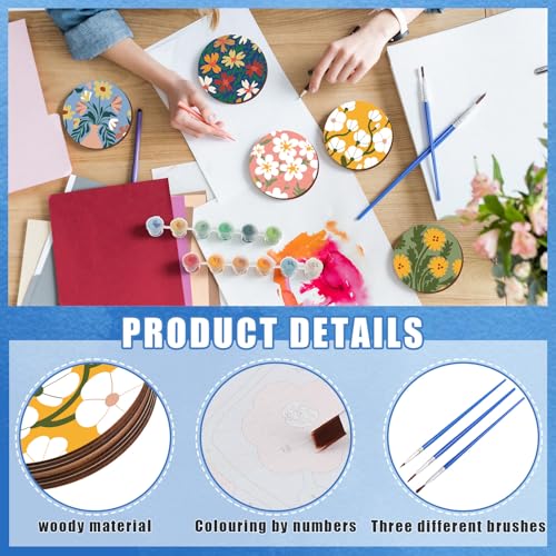 Reallnaive 8 Pcs Flower Paint by Numbers Kit for Adults Floral Coasters | Mini Paint by Numbers, Tiny Round Oil Painting Drink Coaster with Holder, for Small DIY Craft Birthday Gift - style: Flower
