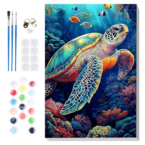 Bowetile Framed Paint by Numbers Sea Turtle for Adults Beginners, Adults' Paint-by-Number Kits, Easy Adult Paint by Number Kits on Canvas, Acrylic Animals Number Painting for Home Decor, 8x12in - color: Sea Turtle