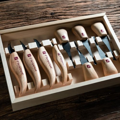 Flexcut Wood Carving Tools | Deluxe Palm & Knife Set | Includes 4 Carving Knives and 4 Palm Tools | 1095 High Carbon Steel Blades | Ash Hardwood Handles | KN700 | Made in the U.S.A. - style: Deluxe Palm & Knife Set