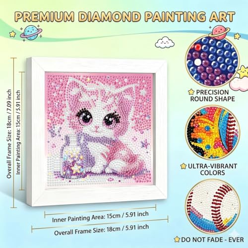 YarnWhimsy Cat Diamond Art Kits for Kids with Frame for Beginners 7x7 inch | 5D Crystal Rhinestones Dimond Art Paintings for Kids Cat, Easy Pretty Gem Arts for Children for Home Wall Decor - color: CC1161-US