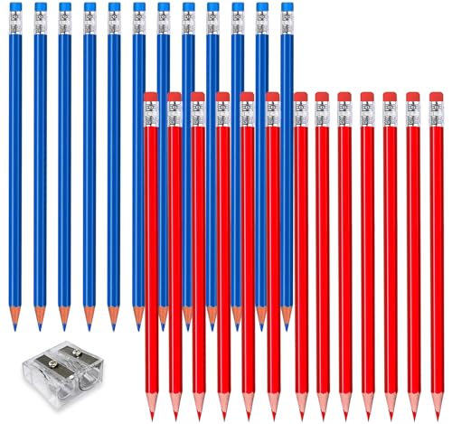 Adhere 25pcs Checking Pencils Erasable colored Pencils Pre-Sharpened #2 HB,for Checking Tests Grading,Map Coloring, editing Office Favors,including a Free sharpener. (Red 13pcs + Blue 12pcs) - color: Red 13pcs + Blue 12pcs