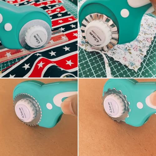 45mm Rotary Cutter for Fabric with 8pcs Rotary Blades, Rolling Fabric Cutter Crochet Edge Skip Stitch Blade Perforating Rotary Blade, Pinking Rotary Cutter for Quilting Crafts Sewing - color: Turquoise