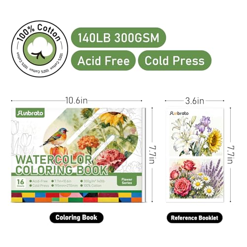 FLUNBRATO Watercolor Coloring Book with Reference Booklet,16 Sheets 10.6 x 7.7 inch 100% Cotton Cold Press,Beginner Friendly Stress Relief Watercolor Paper Book for Adult-Flower - color: Flower