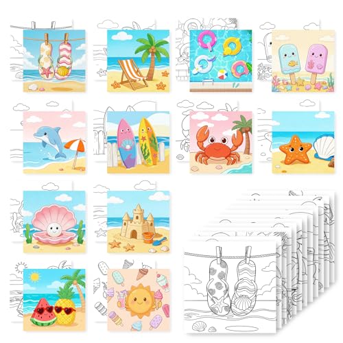 12 Packs Summer Pre Drawn Canvas to Paint, Ocean Pre Printed Canvas for Painting, Pre Stretched Canvas Outline Painting Boards for Beginners, Students, Party Favors 4 * 4inch - color: Summer