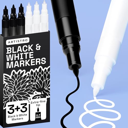 ARTISTRO 6 Black & White Acrylic Paint Pens – 0.7mm Extra-Fine Tip Markers – Paint Pens for Crafts, Rock Painting, Glass, Wood, Canvas, DIY Art - color: Black&White