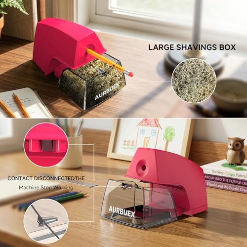 Electric Pencil Sharpener for 6 to 8 mm Pencils Helical Blade Fast 4 Second Sharpening Large Shavings Bin Non Slip Feet Safe Design for Classroom Office and Home Pink(S1131) - color: Pink