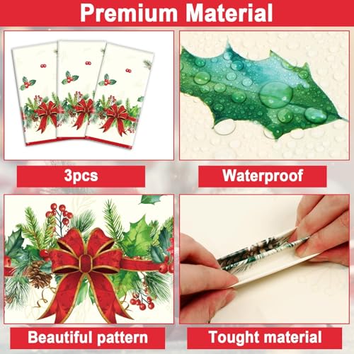 OBUSATT 3pcs Christmas Party Tablecloth Holly and Pine Cone Merry Christmas Holiday Table Cloth 108 x 54 Inch Rectangle Waterproof Xmas Holiday Table Cover Decorations for Christmas Party Supplies - style: Holly and Pine Cone
