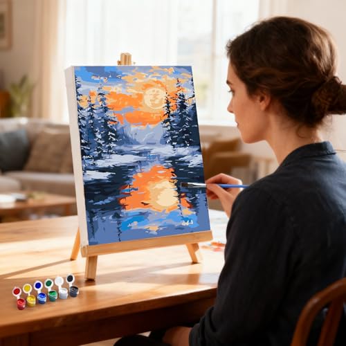 MXJSUA Snowy Landscape Paint by Numbers Kit with Frame for Adults, Easy Beginners Paint by Number on Canvas with Easel, Acrylic Number Painting Craft Gifts for Home Decor, 8x12 inch - color: Snowy Landscape
