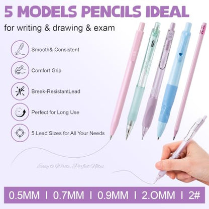 Eersida 47 Pcs Aesthetic School Supplies with Cute Pen Case, Mechanical Pencils 0.5mm, 0.7mm, 0.9mm & 2.0mm with Leads and Eraser Refills, Wood Pencils #2, for Writing, Drawing & Drafting(Purple) - color: Purple