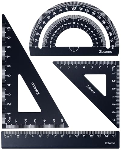 Geometry Ruler Set for Students, Metric Measurement 4-Piece Metal Math Drafting Kit with Non-Slip Design 15 cm Straightedge Ruler, 180° Protractor & 2 Triangles for School Kids (Black) - color: Black