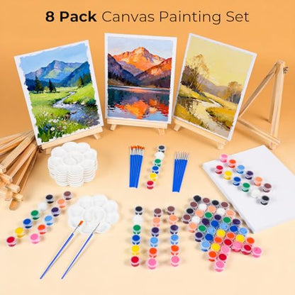 Nicpro 8 Pack 8×10 Inch Canvas for Painting,Sip and Paint Kit for Party | Art Canvas for Drawing with 16 Brushes, 8 Paint Trays, 8 × 12 Acrylic Paint, Painting Kits for Adults Party