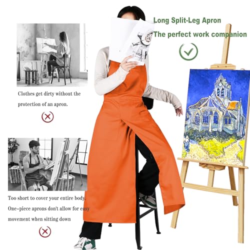 Pottery Split-Leg Make Ceramic Apron, Long Split-Leg Artist Painting Apron with 3 Pockets for Men and Women - color: Orange