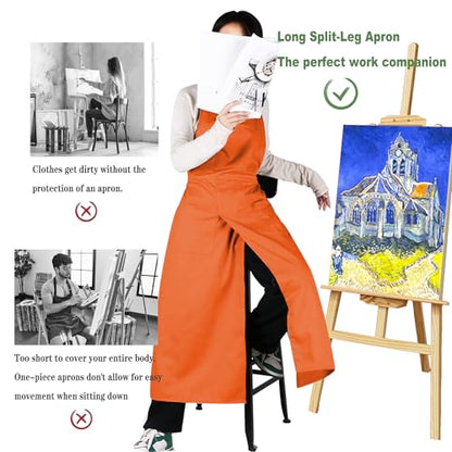 Pottery Split-Leg Make Ceramic Apron, Long Split-Leg Artist Painting Apron with 3 Pockets for Men and Women - color: Orange