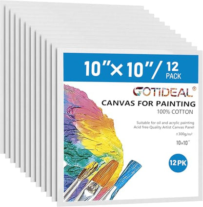 GOTIDEAL Canvases for Painting, 10x10 inch of 12 Pack, 100% Cotton - size: 10"x10"