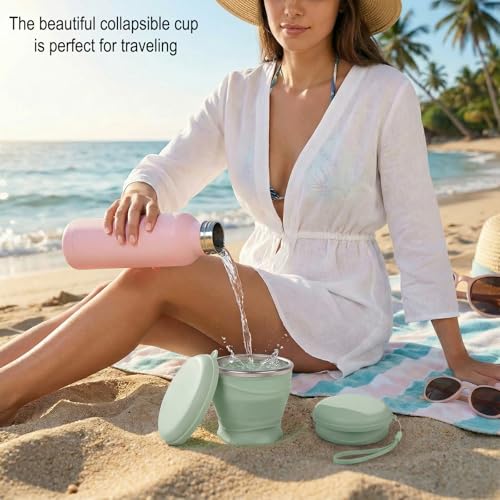 Collapsible Cup with Lid - 6oz Mini Silicone Folding Travel Cup with Steel Rim - BPA Free Small Portable Pocket Cup for Camping, Hiking, Kids, Mouthwash & Pills (Lake Green) - color: Lake Green
