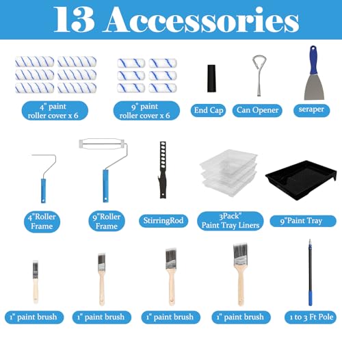 Paint Roller Kit with Extension Pole, 2-4FT Adjustable Pole, Professional 27-Piece Paint Kit, 4"9" Paint Rollers, Paint Brushes for Walls, Works with All Latex, Oil-Based Paints and Wood Finishes - color: Blue