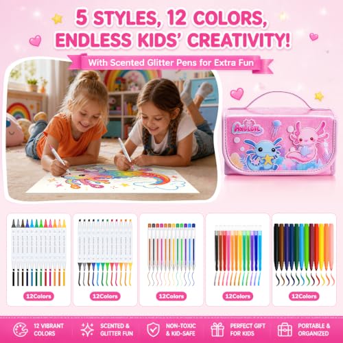 DreamyCandy 70 Pcs Washable Markers Set for Kids 4-8, Axolotl Art Set Gifts - color: Pink Axolotl