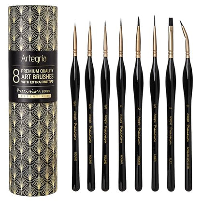 ARTEGRIA Detail Paint Brush Set, 8 Extra Fine Tip Miniature Brushes - color: Black - 8pcs
