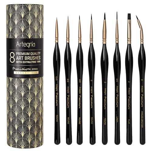 ARTEGRIA Detail Paint Brush Set, 8 Extra Fine Tip Miniature Brushes - color: Black - 8pcs