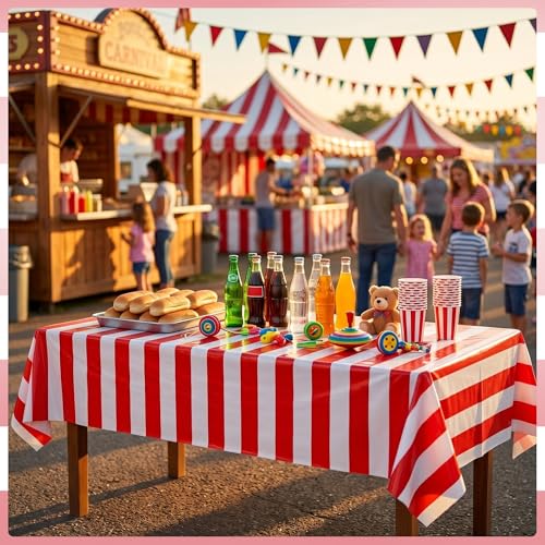 100FT x 54IN Carnival Red & White Striped Tablecloth Roll with Cutter Box | Heavy Duty Disposable Platic Table Cover Wall Backdrop, Cut-to-size for Booths Parties Backdrops - color: Red and White Stripe, size: 1200" x 54" (Rectangular)