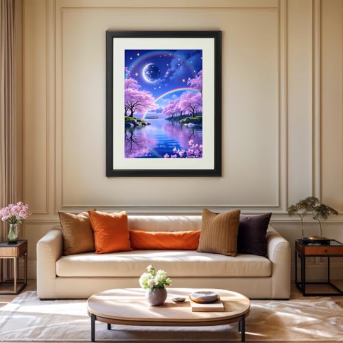 PINFFSHU 5D Diamond Painting Kits for Adults - Fantasy Starry Sky, Pink Cherry Blossoms & Magical Moonlit Rainbows DIY Full Drill Art, Sparkling Enchanted Landscape Wall Decor 12x16 Inches (30x40cm) - color: Pink, blue, purple, rainbow colors, silver