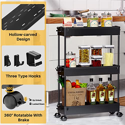 SPACEKEEPER Slim Rolling Storage Cart, 3 Tier Bathroom Storage Organizer Laundry Room Utility Cart Mobile Shelving Unit, Multi-Purpose for Kitchen Office Bathroom Laundry Narrow Places, Black | Narrow Rolling Cart with Wheels for Kitchen Office Bathroom L
