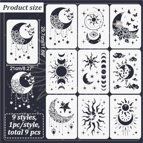 9PCS/Set Sun Moon Wall Stencils for Painting 12x8 Mandala Tile Stencil Large Flower Star Concrete Floor Stencils Reusable Drawing Template for Painting Wood Canvas Furniture Patio Home Decor