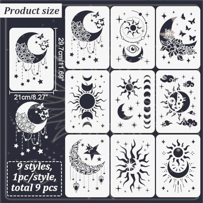 9PCS/Set Sun Moon Wall Stencils for Painting 12x8 Mandala Tile Stencil Large Flower Star Concrete Floor Stencils Reusable Drawing Template for Painting Wood Canvas Furniture Patio Home Decor