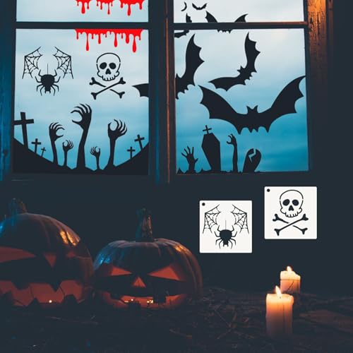 80 Pcs 3 x 3 Inch Halloween Stencils for Painting on Wood, Reusable Happy Pumpkin Spider Web Stencil DIY Ornaments Ghost Paint Template Set for Wall Door Home Decor - style: Halloween