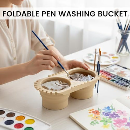 Beige Dual Compartment Paint Brush Cleaning Cup,Collapsible Paint Water Cup & Brush Cleaner with Brush Holder, Squeegee Lips & Drip Tray for Acrylic, Watercolor & Art Supplies