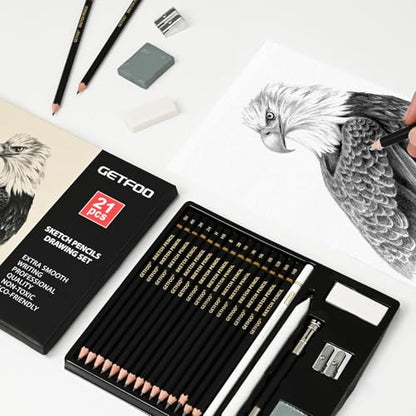 21pc Drawing Sketching Pencil Set Graphite 14B-5H & Charcoal Pencils