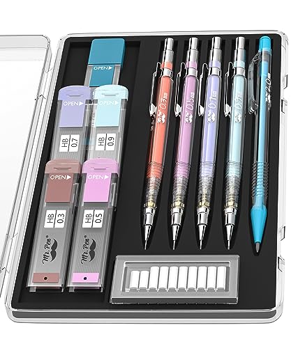 Mr. Pen- Pastel Mechanical Pencil Set, 5 Mechanical Pencils (0.3, 0.5, 0.7 | 0.9, 2.0mm), 5 HB Lead Refills & 10 Eraser Refills, Precision Drawing Pencils for Sketching, Writing & Technical Artwork - color: Clear Barrel
