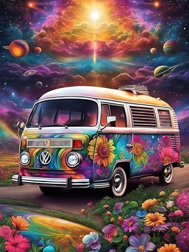 DFPSCLLA 5D Diamond Painting Kits for Adults, Colorful Flowers Bus Diamond Art Kit, DIY Full Round Drill Diamond Dot Gem Art Kits for Beginners, Home Wall Decor 12x16 Inch - color: Car