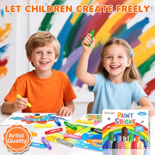 Ellinjan Tempera Paint Sticks For Kids, 24 Colors, Washable & Quick-Drying Twistable Solid Paint, Mess-Free Art Supplies for Drawing & Painting, Ideal Toddler Arts and Crafts Gifts