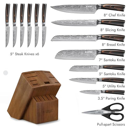 Yatoshi Professional Kitchen Knife Set, 15 Pieces, High Carbon Stainless Steel, Ergonomic Handle - color: Brown, size: 15-Piece