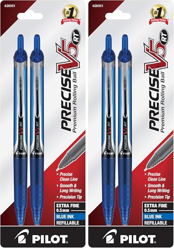 Pilot Precise V5 RT Refillable & Retractable Liquid Ink Rolling Ball Pens, Extra Fine Point (0.5mm) Blue Ink, 4-Pack (26051) - color: Black, size: 2 Count (Pack of 2)
