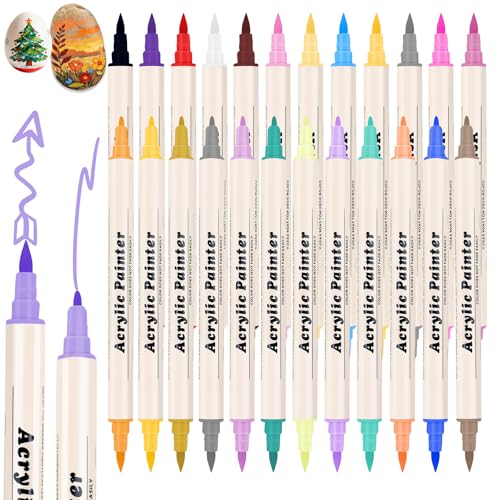 24 Colors Acrylic Paint Pens & Markers Set, Dual Tip Felt marking pens, Water-Based Paint Markers for Crafts & DIY Art - color: 24 Colors-Beige Pen Barrel