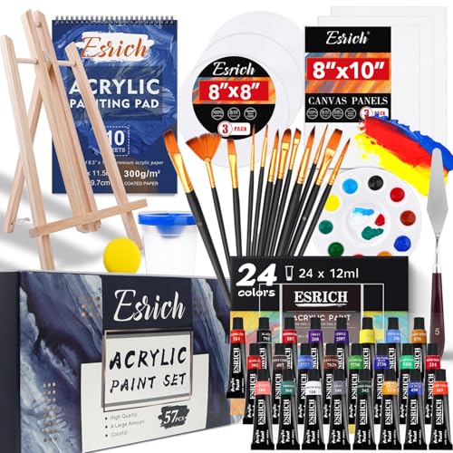 ESRICH 57PCS Acrylic Paint Canvas Painting Kit with 24 Paints | Acrylic Paint Set, Easel, Canvas, Painting Pads, Paint Brushes, Palette, Paint Knife, Brush Cup and Art Sponge for Beginners - style: 57