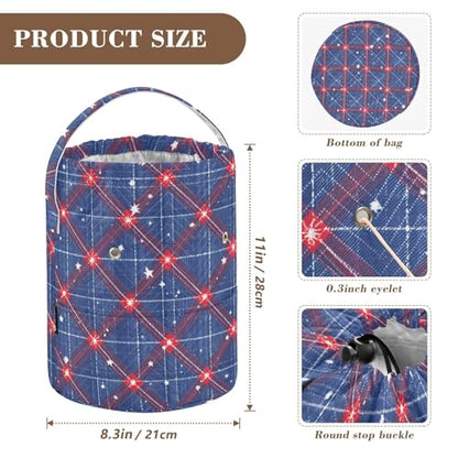 Blue Retro Plaid Stars Yarn Bag Small Crochet Bag Drawstring Yarn Storage Organizer Knitting Project Bags Potable Yarn Holder with Holes Handle Crocheting Needles Knitting Accessories - color: Blue Retro Plaid Stars