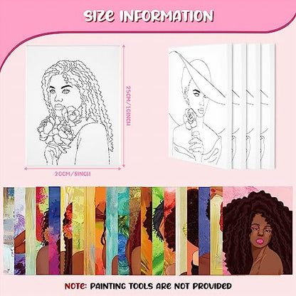 Sherr 20 Pcs Pre Drawn Canvas Afro Queen for Painting for Adults | Bulk 8" x 10" Pre Stretched Outline Painting Boards African American for Beginners Students, Party Favor - style: Stylish