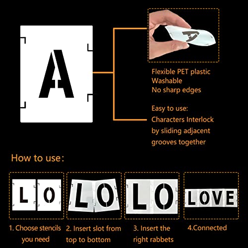 42Pcs Letter Stencils - 3 Inch Letters & Numbers Interlocking Stencil Kit for Painting on Wood, Wall, Fabric, Rock, Canvas, Chalkboard, Signage - size: 3 inch