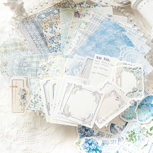 Doraking 100pcs Vintage Floral Scrapbook Paper Journaling Stickers Assorted Set, Material Paper Memo Junk Journal Supplies for Bullet Journaling Retro Crafts Planner Collage Card Album - color: Blue