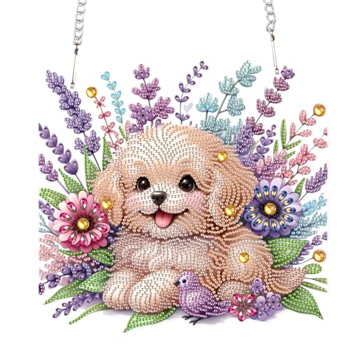 AiYuanzsh 5D Diamond Painting Hanging Pendant Kit with Chain, Cute Dog DIY Crystal Rhinestone Diamond Art Suncatcher Ornament for Window, Door, Wall, Home Decor Gift (25.2x23.8 cm) - color: Animal Dog
