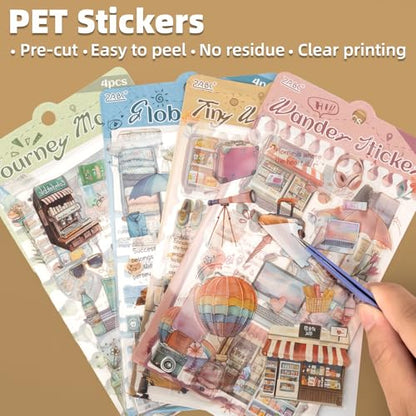 Uideyvi Travel Series Sticker Scrapbooking Supplies for Junk Journal, 16 Sheets PET Stickers(TZ-010-005) - color: Travel Series