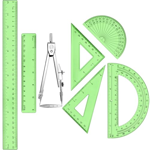 Zonon 7‑Piece Geometry Set with Drawing Compass, 6 & 4 Inch Protractors, Triangle Rulers and Straight Rulers, Transparent Math Drafting Supplies for Back to School, Students and Office Use(Green) - color: Green